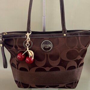 Vintage Coach Brown Monogram Tote Bag with Cherry Keychain